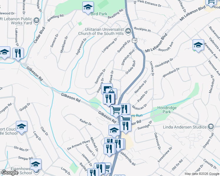 map of restaurants, bars, coffee shops, grocery stores, and more near 190 Mohawk Drive in Pittsburgh