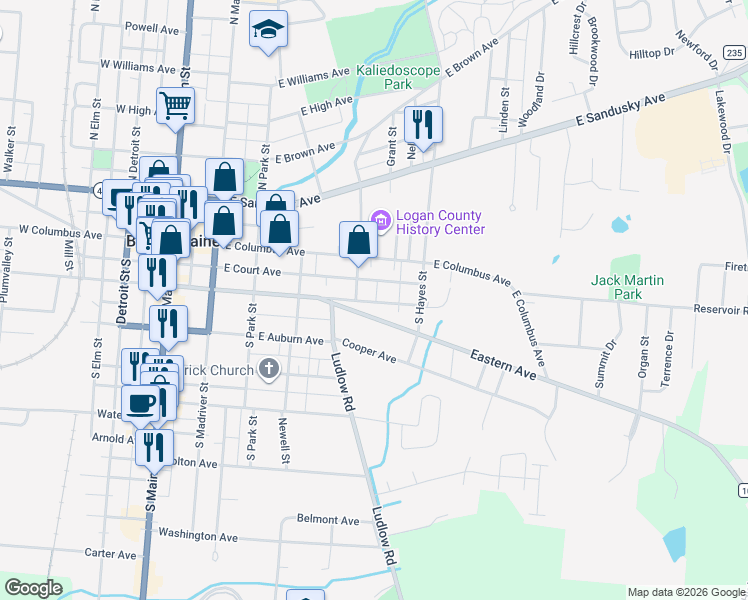 map of restaurants, bars, coffee shops, grocery stores, and more near 516 East Chillicothe Avenue in Bellefontaine