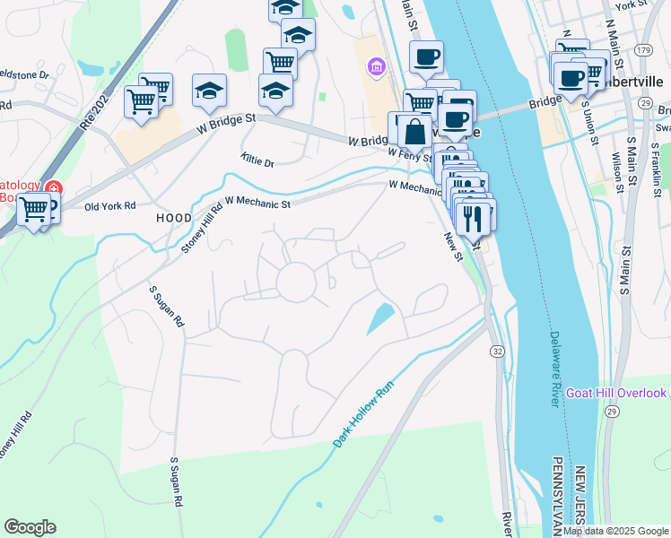 map of restaurants, bars, coffee shops, grocery stores, and more near 39 Tahoe Drive in New Hope