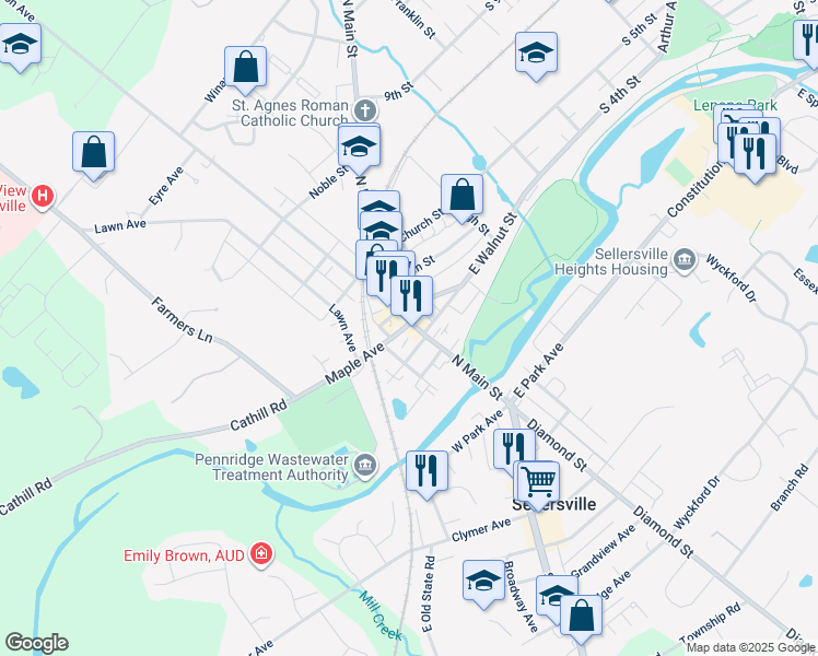 map of restaurants, bars, coffee shops, grocery stores, and more near 4 Maple Avenue in Sellersville