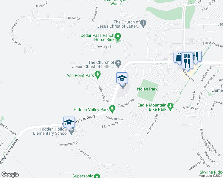 map of restaurants, bars, coffee shops, grocery stores, and more near 7801 North Ash Point Circle in Eagle Mountain