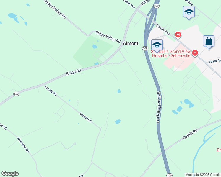 map of restaurants, bars, coffee shops, grocery stores, and more near 1102 Ridge Road in Sellersville