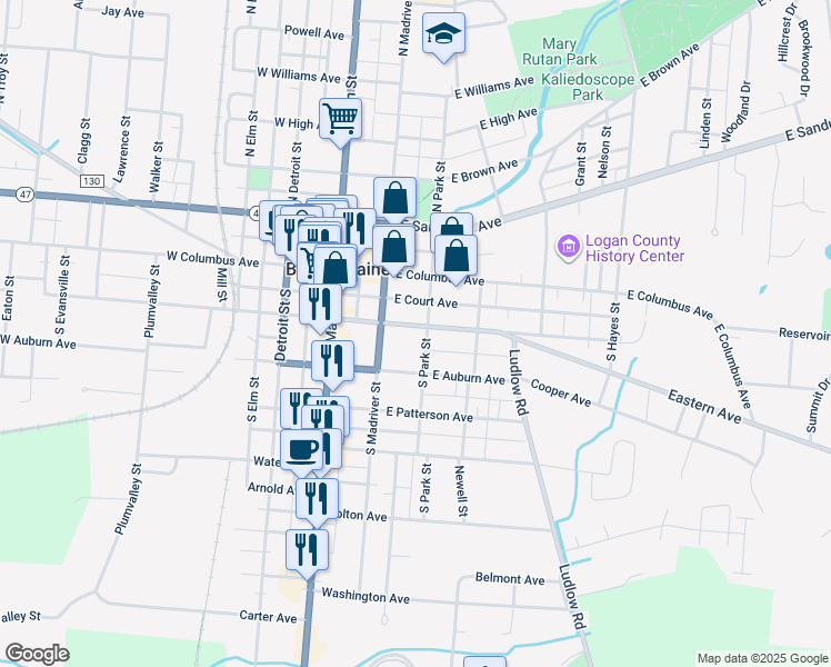 map of restaurants, bars, coffee shops, grocery stores, and more near 222 East Chillicothe Avenue in Bellefontaine