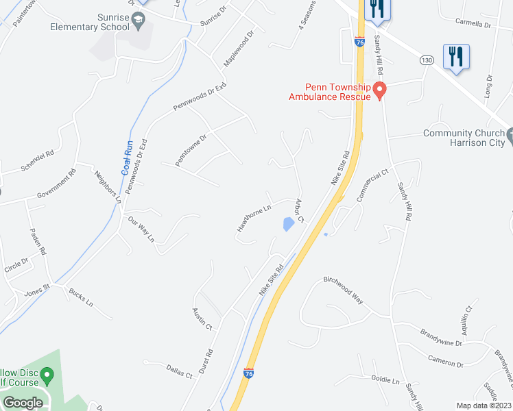 map of restaurants, bars, coffee shops, grocery stores, and more near 14 Hawthorne Lane in Irwin