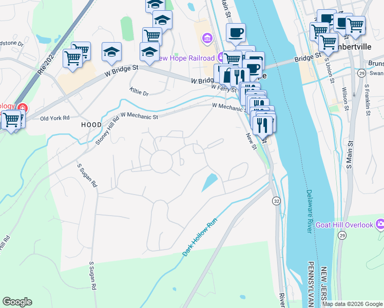 map of restaurants, bars, coffee shops, grocery stores, and more near 34 Tahoe in New Hope