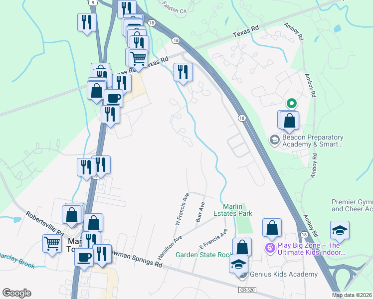 map of restaurants, bars, coffee shops, grocery stores, and more near 1121 Roseberry Court in Marlboro