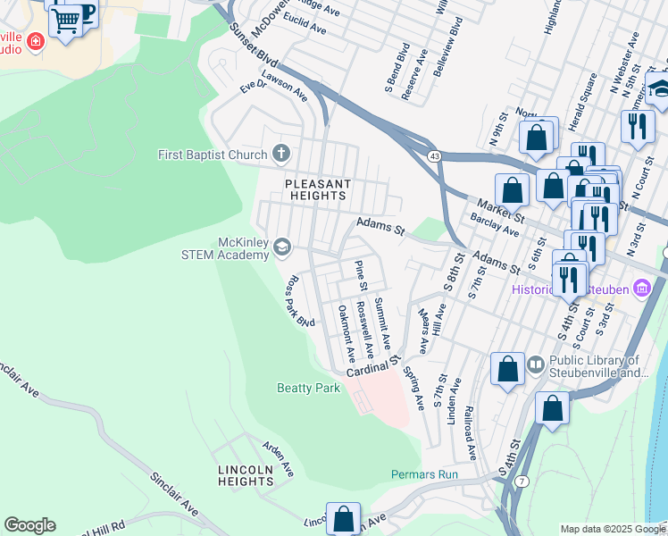 map of restaurants, bars, coffee shops, grocery stores, and more near 1313 Jefferson Street in Steubenville