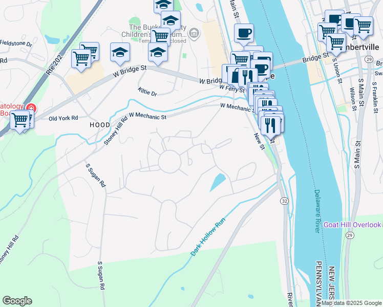 map of restaurants, bars, coffee shops, grocery stores, and more near 40 Tahoe Drive in New Hope