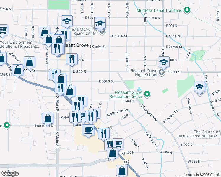 map of restaurants, bars, coffee shops, grocery stores, and more near 409 South 375 East in Pleasant Grove