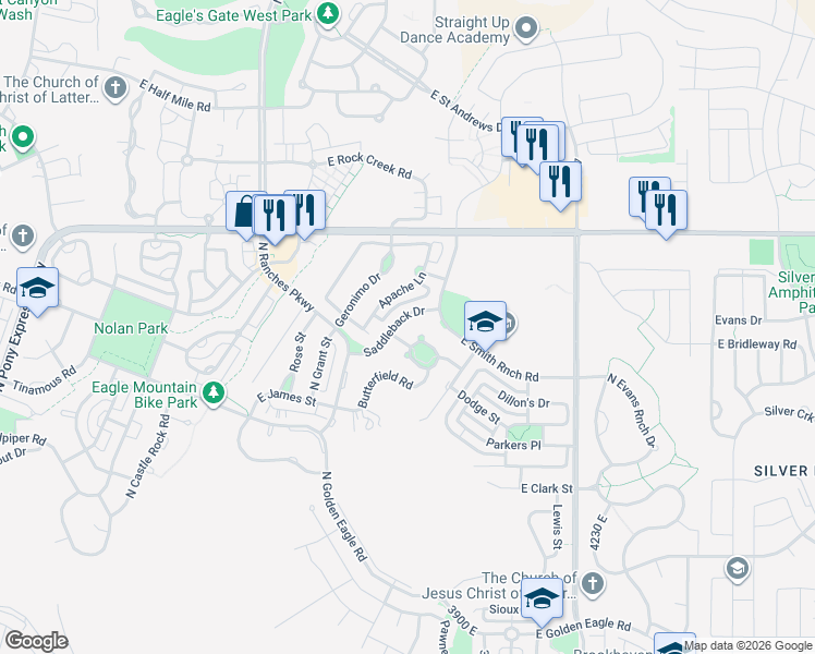 map of restaurants, bars, coffee shops, grocery stores, and more near 3819 Chilton Road in Eagle Mountain