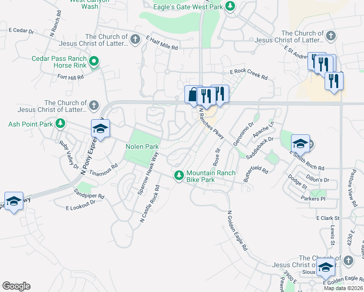 map of restaurants, bars, coffee shops, grocery stores, and more near 7798 North Windhover Road in Eagle Mountain