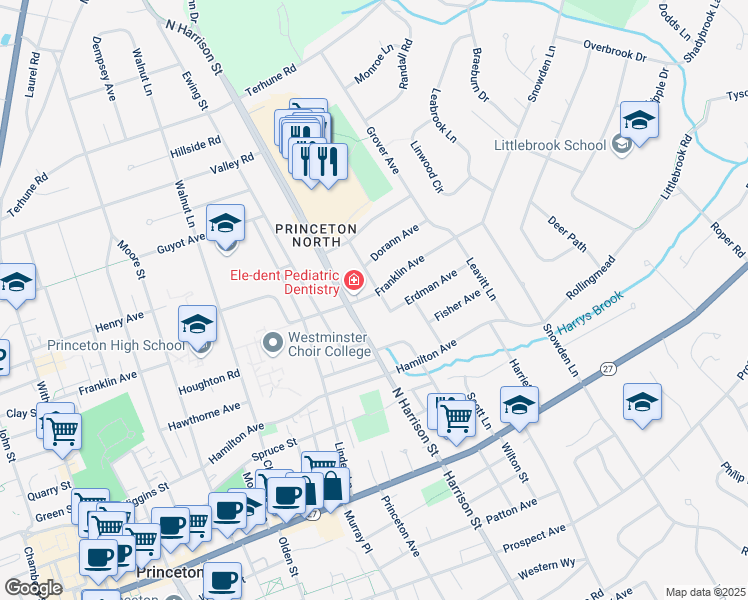 map of restaurants, bars, coffee shops, grocery stores, and more near 165 North Harrison Street in Princeton