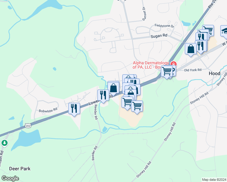 map of restaurants, bars, coffee shops, grocery stores, and more near 42 Meadow Lane in New Hope
