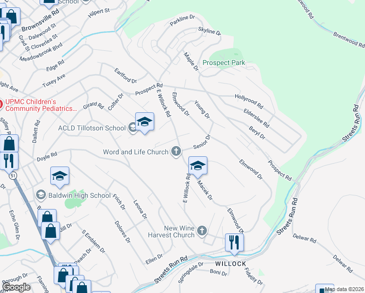 map of restaurants, bars, coffee shops, grocery stores, and more near 4914 East Willock Road in Pittsburgh