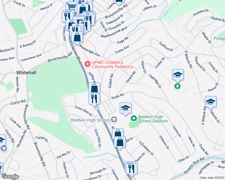 map of restaurants, bars, coffee shops, grocery stores, and more near 914 Dallett Road in Pittsburgh