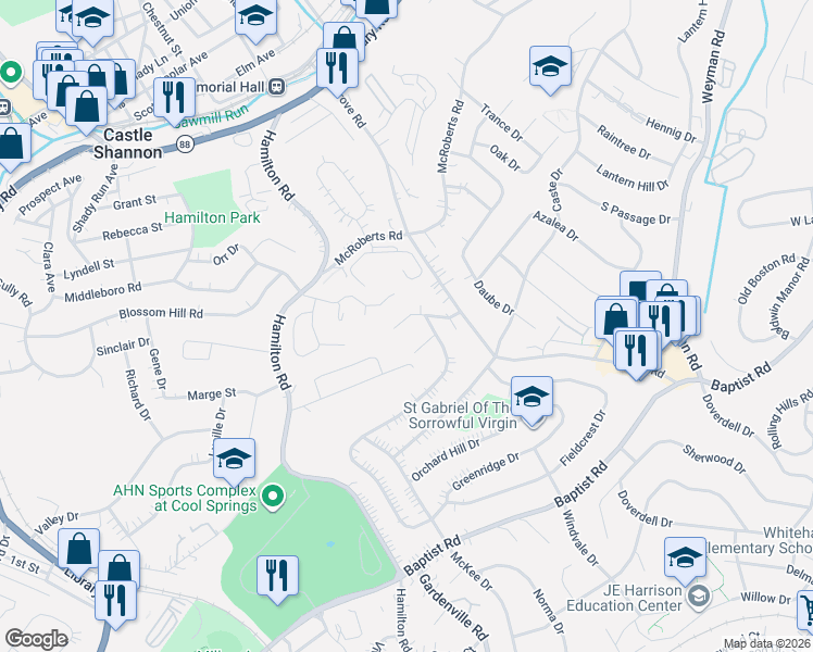 map of restaurants, bars, coffee shops, grocery stores, and more near 5333 Overlook Glen Drive in Pittsburgh