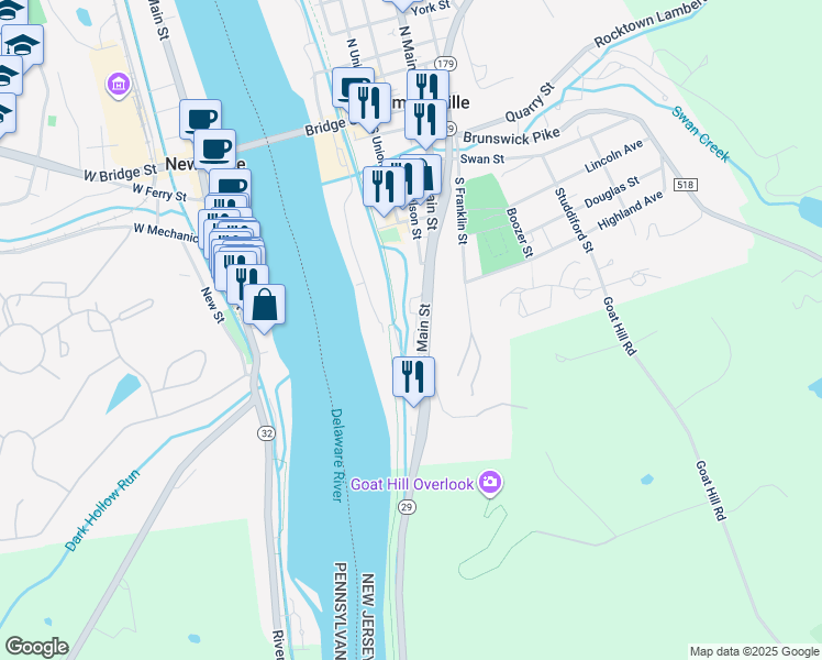 map of restaurants, bars, coffee shops, grocery stores, and more near 211 South Main Street in Lambertville