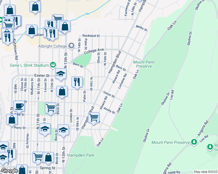 map of restaurants, bars, coffee shops, grocery stores, and more near 1608 Alsace Road in Reading