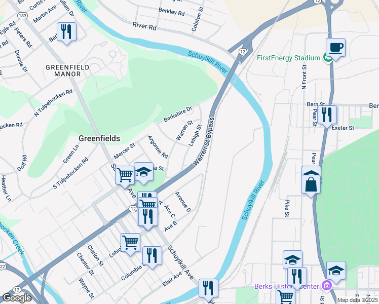 map of restaurants, bars, coffee shops, grocery stores, and more near 716 Lehigh Street in Reading