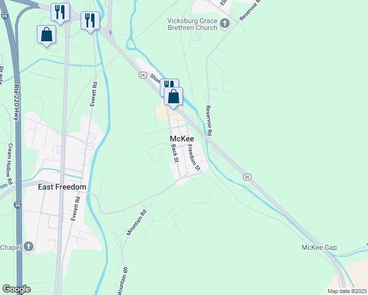 map of restaurants, bars, coffee shops, grocery stores, and more near 231 Back Street in East Freedom