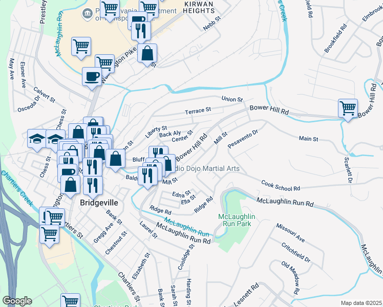 map of restaurants, bars, coffee shops, grocery stores, and more near 770 Bower Hill Road in Bridgeville