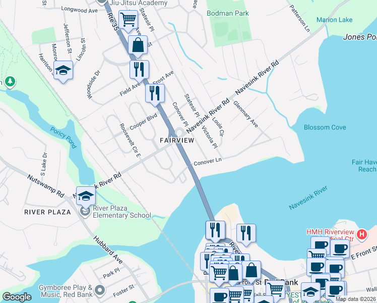 map of restaurants, bars, coffee shops, grocery stores, and more near 18 Catherine Avenue in Red Bank