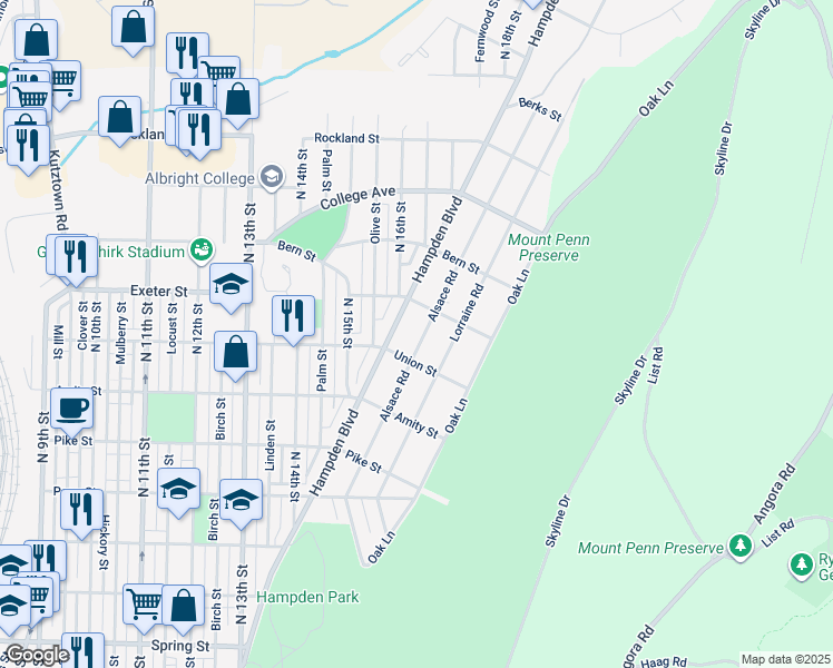 map of restaurants, bars, coffee shops, grocery stores, and more near 1608 Alsace Road in Reading