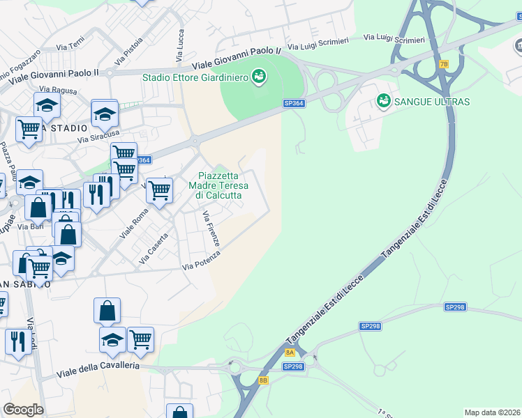 map of restaurants, bars, coffee shops, grocery stores, and more near 19/F Via Potenza in Lecce