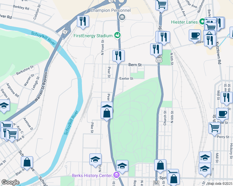 map of restaurants, bars, coffee shops, grocery stores, and more near 1601 Centre Avenue in Reading