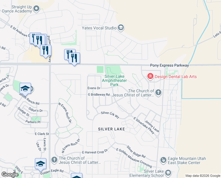 map of restaurants, bars, coffee shops, grocery stores, and more near 7580 Evans Drive in Eagle Mountain