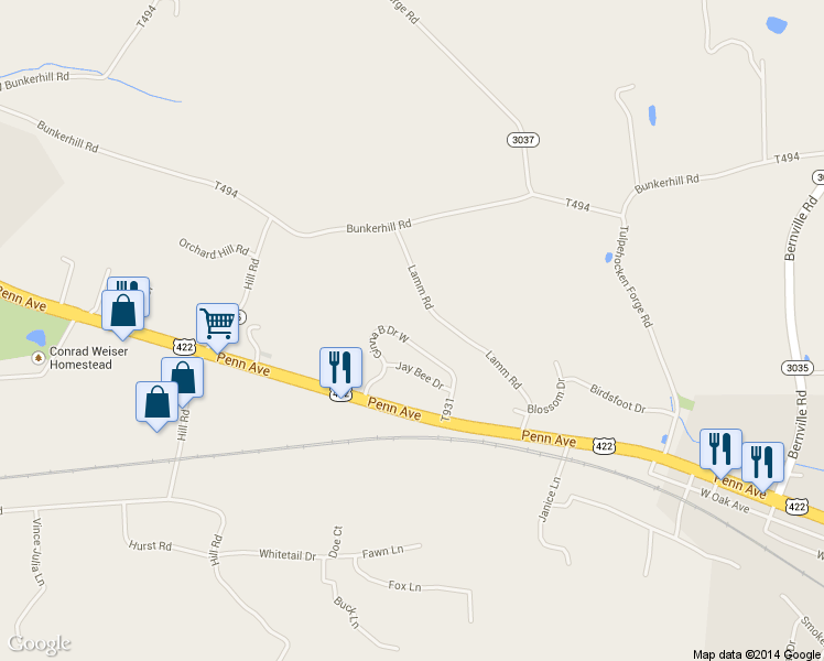 map of restaurants, bars, coffee shops, grocery stores, and more near 32 Ginna B Drive in Robesonia