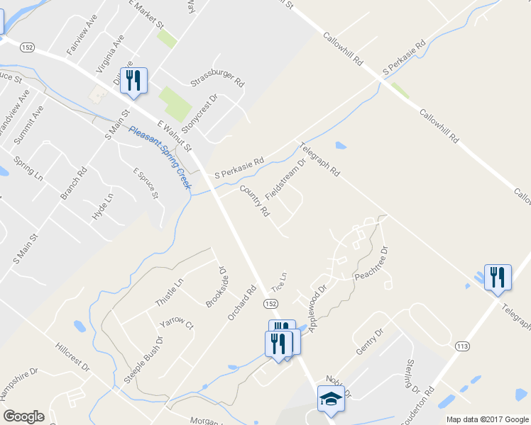 map of restaurants, bars, coffee shops, grocery stores, and more near 53 Country Road in Perkasie