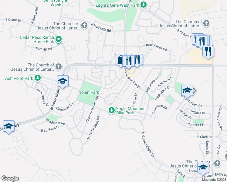 map of restaurants, bars, coffee shops, grocery stores, and more near 7798 North Windhover Road in Eagle Mountain