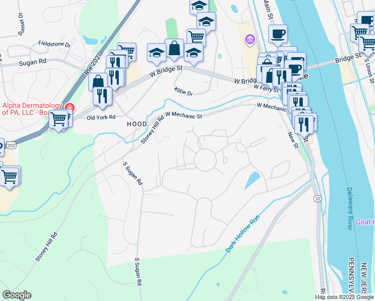 map of restaurants, bars, coffee shops, grocery stores, and more near 50 Darien in New Hope