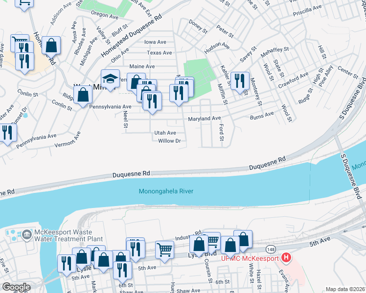 map of restaurants, bars, coffee shops, grocery stores, and more near 711 Willow Drive in West Mifflin