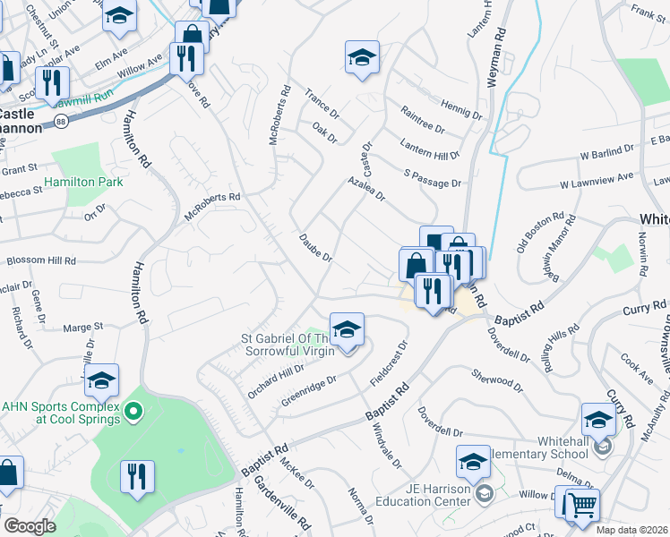 map of restaurants, bars, coffee shops, grocery stores, and more near 5109 Caste Drive in Pittsburgh