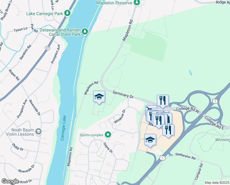 map of restaurants, bars, coffee shops, grocery stores, and more near 9 Seminary Drive in Princeton