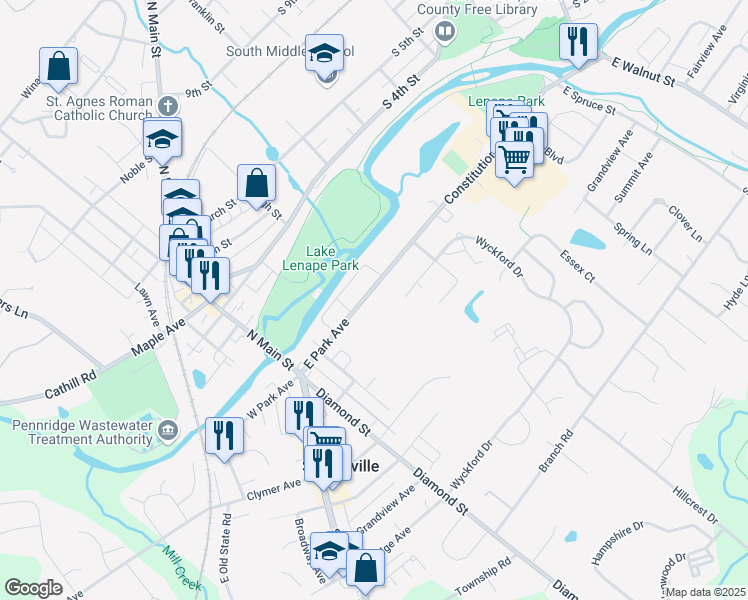 map of restaurants, bars, coffee shops, grocery stores, and more near 250 East Park Avenue in Sellersville