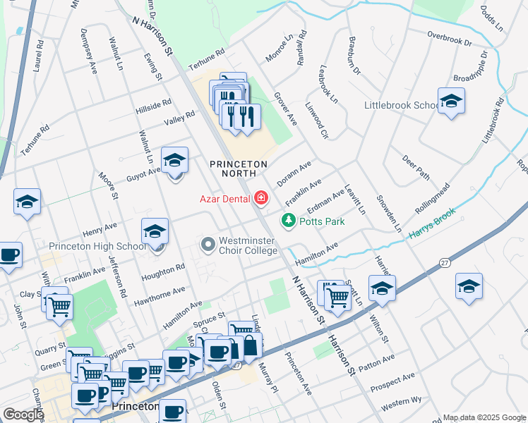 map of restaurants, bars, coffee shops, grocery stores, and more near 181 North Harrison Street in Princeton