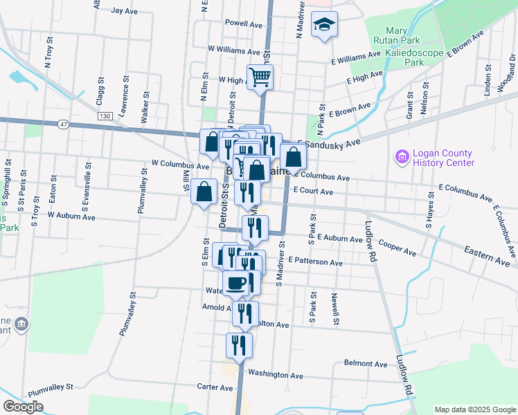 map of restaurants, bars, coffee shops, grocery stores, and more near 222 South Main Street in Bellefontaine