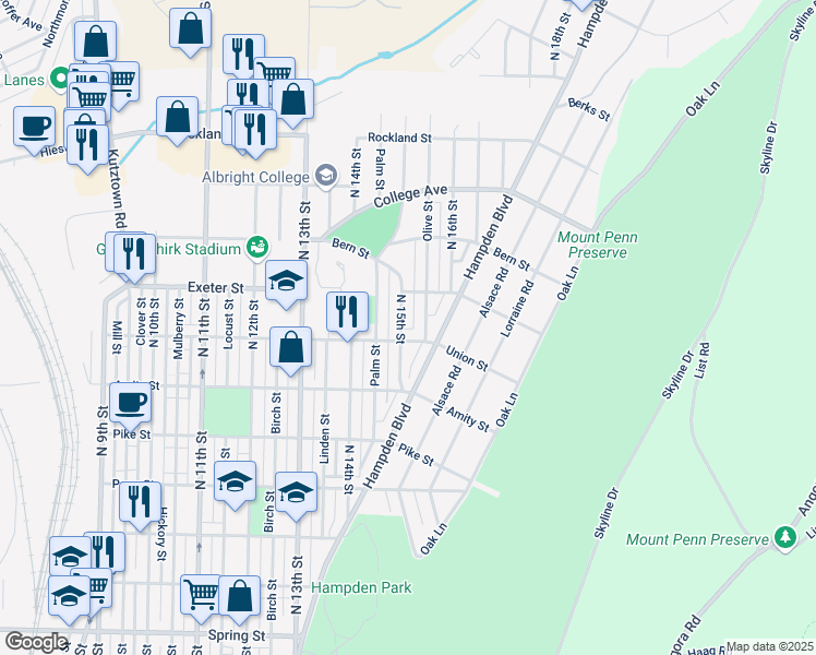 map of restaurants, bars, coffee shops, grocery stores, and more near 1501 Union Street in Reading