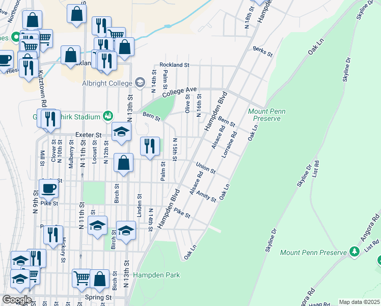 map of restaurants, bars, coffee shops, grocery stores, and more near 1601 Hampden Boulevard in Reading
