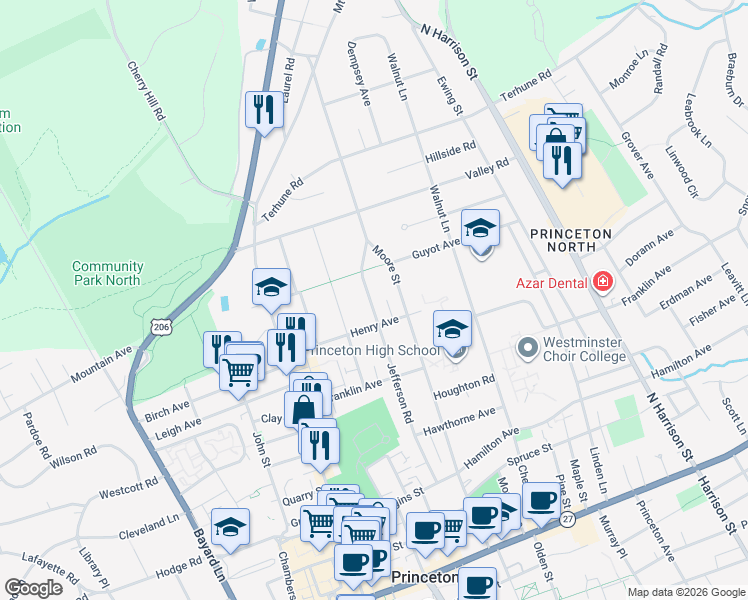 map of restaurants, bars, coffee shops, grocery stores, and more near 169 Jefferson Road in Princeton