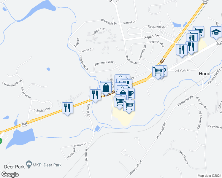 map of restaurants, bars, coffee shops, grocery stores, and more near 21 Meadow Lane in New Hope