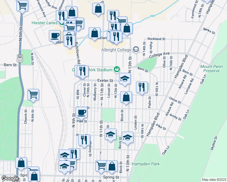 map of restaurants, bars, coffee shops, grocery stores, and more near 1606 North 12th Street in Reading