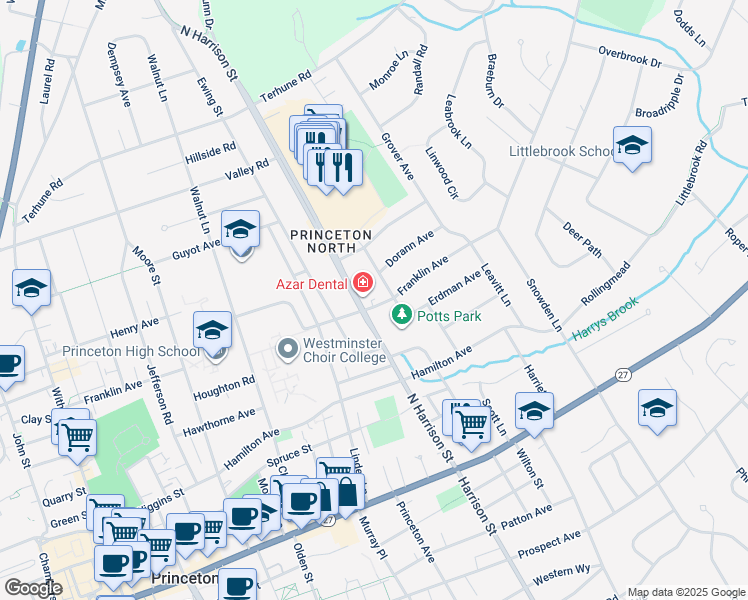 map of restaurants, bars, coffee shops, grocery stores, and more near 304 Franklin Avenue in Princeton