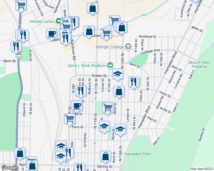 map of restaurants, bars, coffee shops, grocery stores, and more near 1606 North 12th Street in Reading