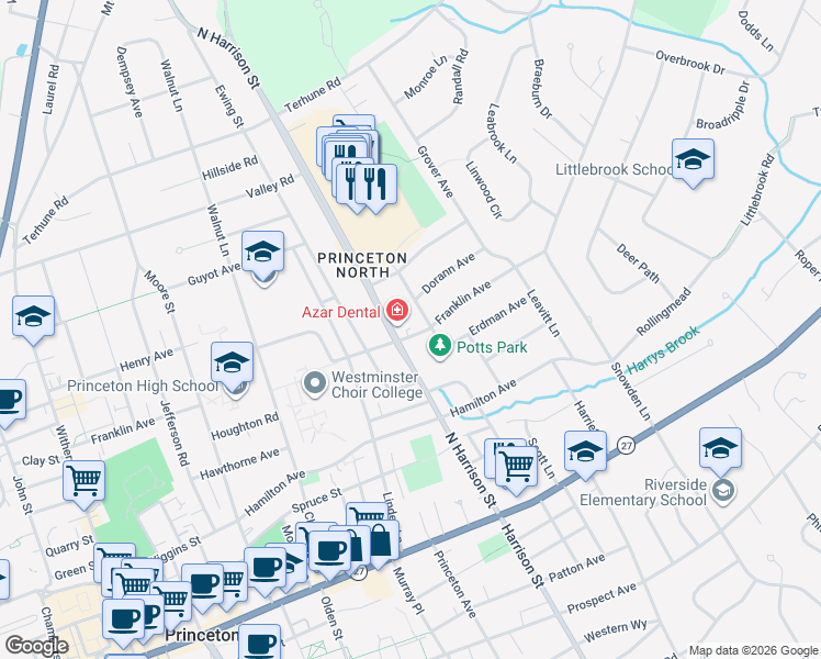 map of restaurants, bars, coffee shops, grocery stores, and more near 306 Franklin Avenue in Princeton