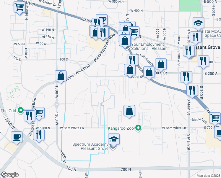 map of restaurants, bars, coffee shops, grocery stores, and more near 343 South 790 West in Pleasant Grove