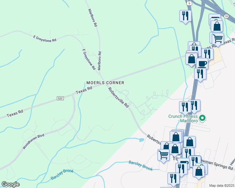 map of restaurants, bars, coffee shops, grocery stores, and more near 1229 Marlboro Road in Old Bridge